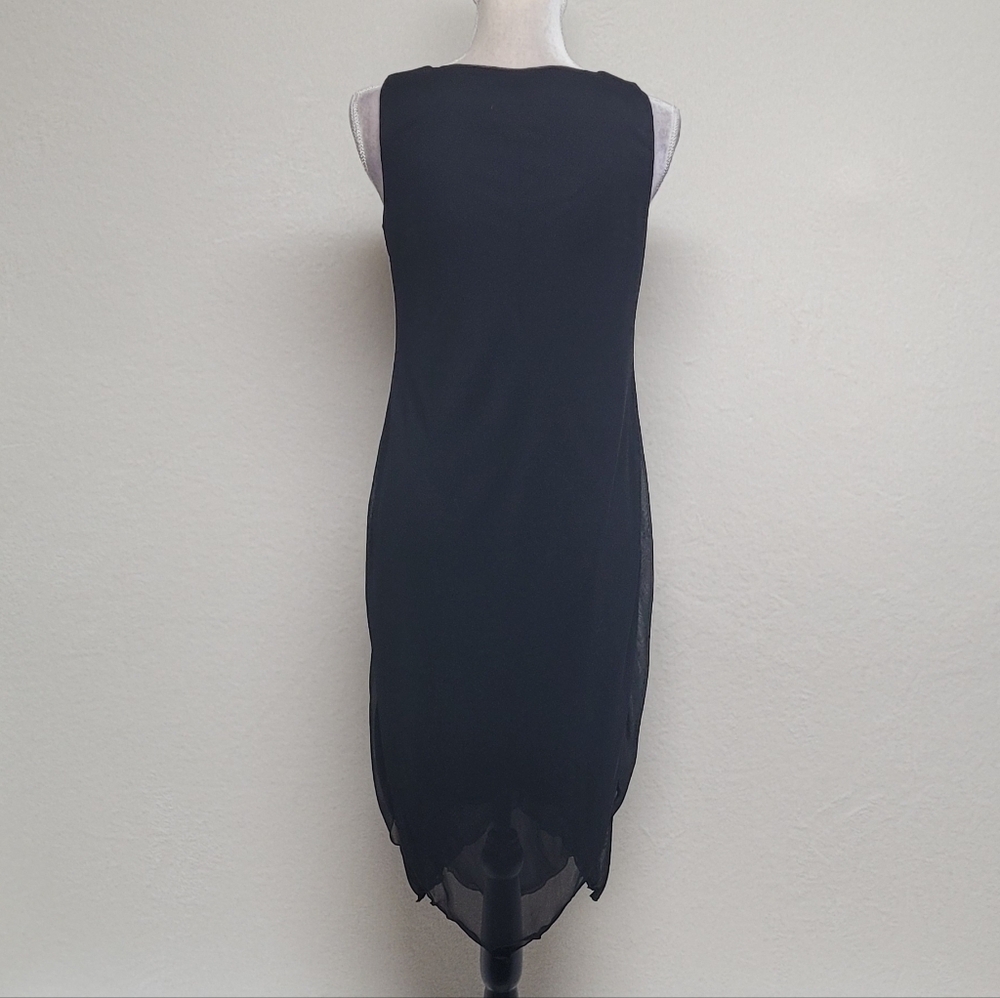 Vintage 90s AGB Black Semi-sheer Metallic Floral Handkerchief Hem Midi Dress 8 - Picture 9 of 13